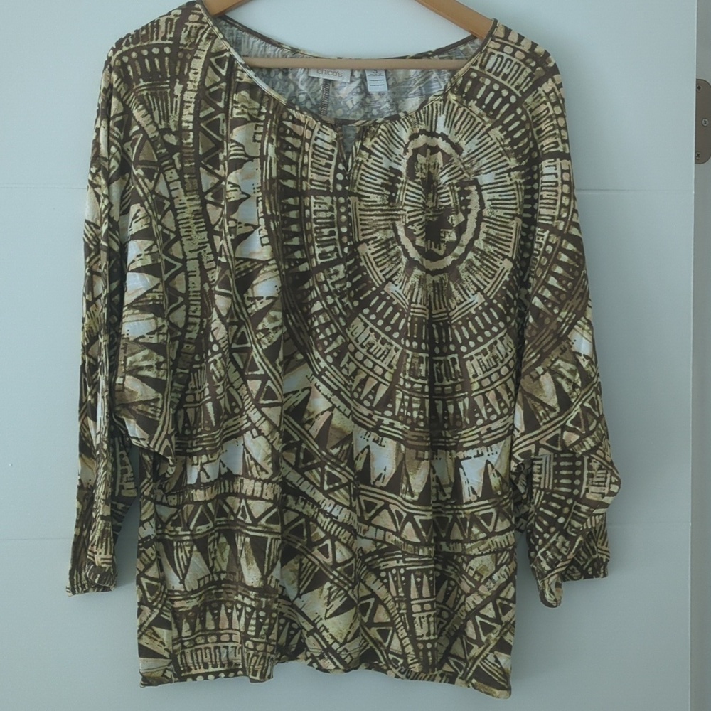 Chico's Dolman Sleeves Geometric print Relaxed Fit Boho Coastal Grandma Top